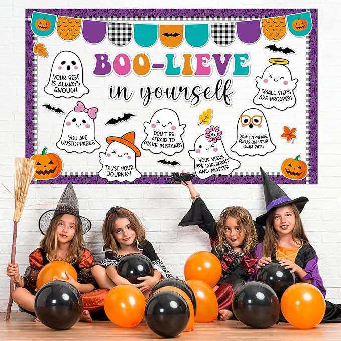 Halloween Bulletin Board Decorations Set Boo-Lieve in Yourself Classroom Decor Spooky Boo Ghost Pumpkin Paper Cutouts for Halloween Party October Office School Classroom Chalkboard Wall Supplies Favor