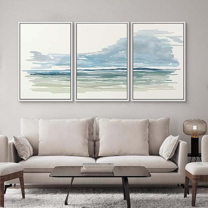 SIGNWIN Framed Canvas Print Wall Art Set Coastal Horizon Watercolor Blue and Green Abstract Ocean Scene Illustrations Modern Art Decorative Abstract for Living Room, Bedroom, Office - 16"x24"x3 White