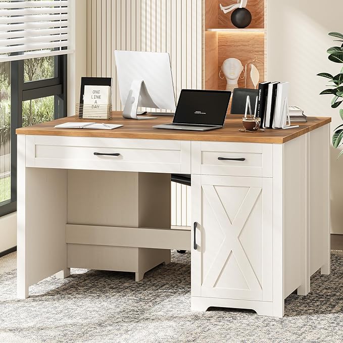 Vabches Farmhouse 47" Executive Desk,Computer Desk with Drawers and Storage Cabinet, Workspace for Home Office and Study