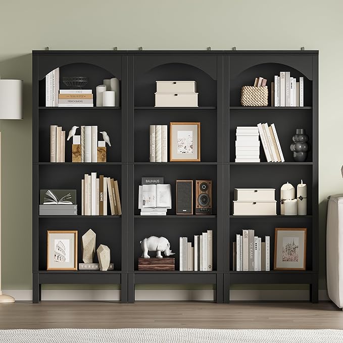 Arched Bookshelf with 4 Tier Open Shelves, 56" Tall Wood Bookcase with Adjustable Shelves, 24" Wide Floor Standing Display Storage Shelf for Home Office, Kitchen, Study and Living Room, Modern Black