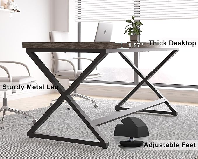IBF Grey Home Office Desk, Modern Computer Desk for Writing Study, Wood Metal Rustic Pc Gaming Executive Work Desk, Industrial Workstation Computer Table in Bedroom, Dark Gray Oak, 55 Inch