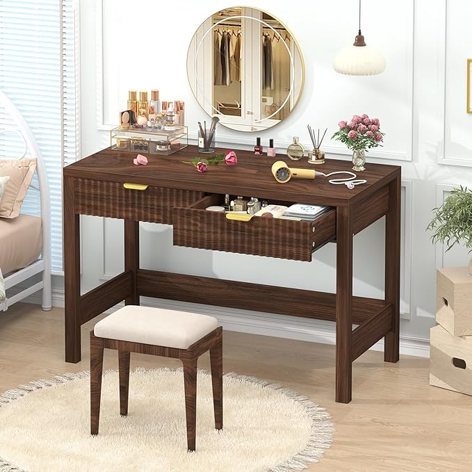 Fluted Computer Desk with 2 Drawers, 39 Inch Small Computer Desk with Storage, Compact Writing Study Desk for Small Spaces, Walnut