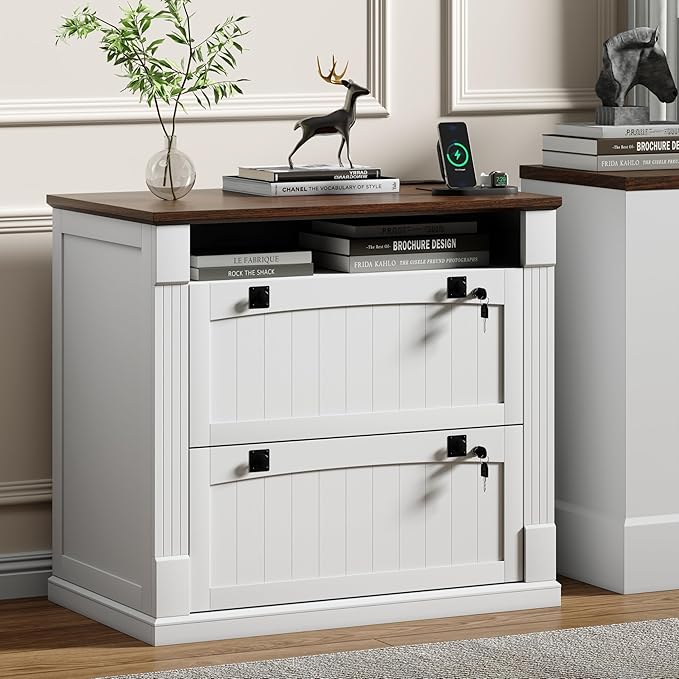 Loomie White 2 Drawer File Cabinet with Lock & Charging Station,37'' Farmhouse Lateral Filing Cabinet with Open Storage Shelves for Home Office,Wood Printer Stand for Files/Letter/Legal/A4/F4 Size