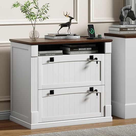 Loomie White 2 Drawer File Cabinet with Lock & Charging Station,37'' Farmhouse Lateral Filing Cabinet with Open Storage Shelves for Home Office,Wood Printer Stand for Files/Letter/Legal/A4/F4 Size