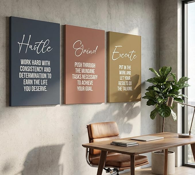 3pcs Inspirational Quotes Canvas Wall Art Uplifting Motivational Positive Office Wall Decor Pictures Hustle Execute Success Quotes Posters Prints for Living Room Bedroom Man Cave Decorations