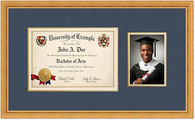 CountryArtHouse Fits 11.69 x 8.27 A4 Certificate and 5 x 7 Photo Diploma and Photo Frame Museum Gold Genuine Hardwood with Navy Blue Over Metallic Gold Double mat