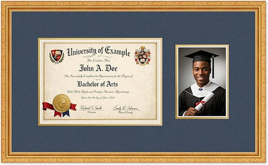 CountryArtHouse Fits 11.69 x 8.27 A4 Certificate and 5 x 7 Photo Diploma and Photo Frame Museum Gold Genuine Hardwood with Navy Blue Over Metallic Gold Double mat