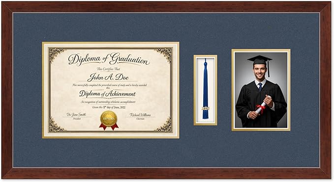 Diploma Tassel and Photo Frame Rustic Walnut Shadowbox Navy Blue Over Gold Mat - Fits 11.69 x 8.27 Degree Picture Made in the USA
