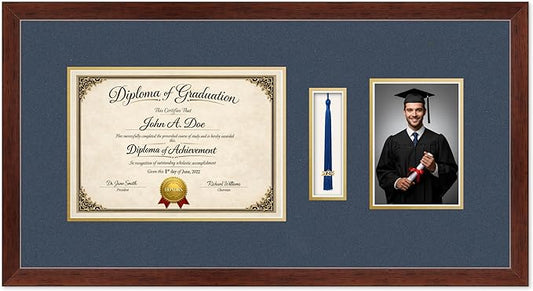 Diploma Tassel and Photo Frame Rustic Walnut Shadowbox Navy Blue Over Gold Mat - Fits 11.69 x 8.27 Degree Picture Made in the USA