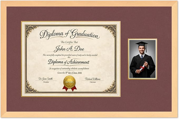 Diploma Frame With Photo Opening Natural Wood Dark Red Over Gold Mat - Fits 17 x 13 Degree and Picture Made in the USA