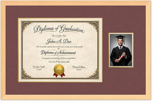 Diploma Frame With Photo Opening Natural Wood Dark Red Over Gold Mat - Fits 17 x 13 Degree and Picture Made in the USA