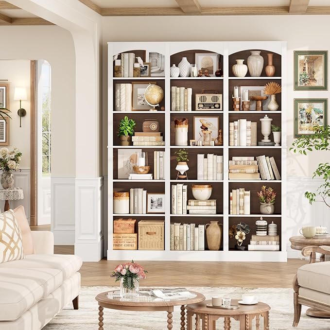 FACBOTALL 71" Triple Wide Bookshelf, 6 Tier Tall Bookshelf, Large Bookcase with Curved Baffle, 63.4" Wide Book Shelf with 18 Open Display Shelves for Living Room, Study, Walnut and White