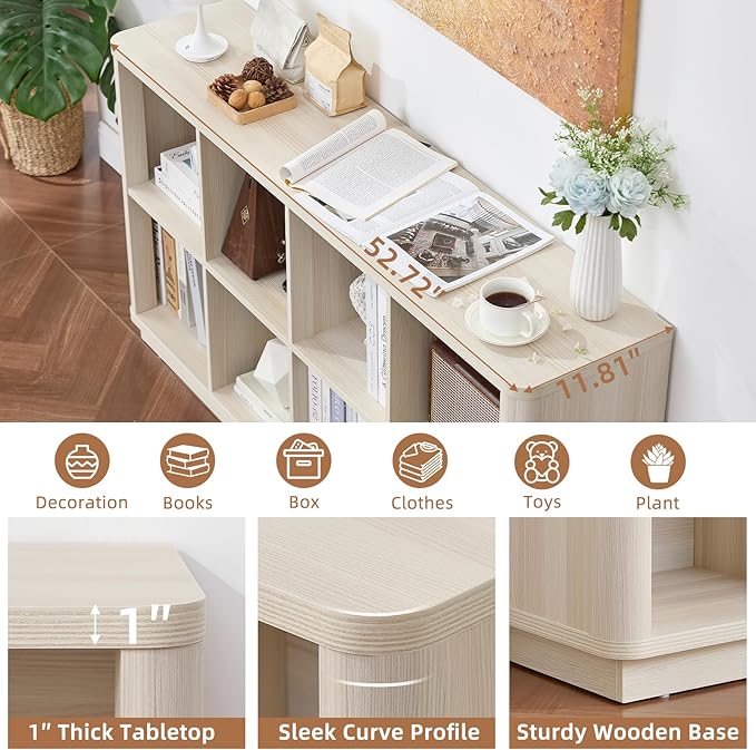 8 Cube Storage Bookcase, 52" Long Horizontal Book Shelf w/Curved Edge, Wood Low 2-Tier Cubby Console Bookshelf with Base, Modern Floor Standing TV Stand for Living Room, Gray-White Cream Oak