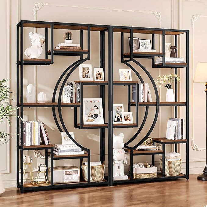 70.8" Tall Bookshelf Set of 2, 79" Wide Geometric Display Shelf with 18 Open Storage Shelves, Etagere Bookcase with Metal Frame – Anti-Tip & Adjustable Feet, Rustic Brown
