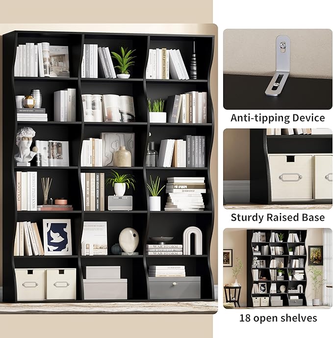 71" Triple Wide Bookshelf, 6 Tier Tall Bookcase with Storage, Large Book Shelves with 18 Open Display Shelves, Black Bookcase for Living Room, Study, Home Office, Library (Black)