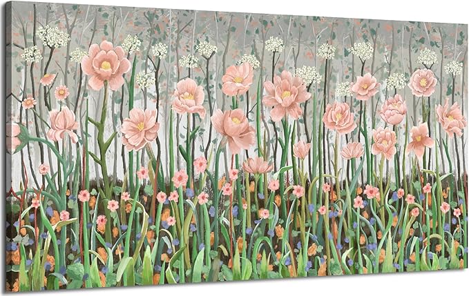 amatop Botanical Wildflower Wall Art, Large Rustic-Inspired Pink and Green Forest Canvas Print – Nature Flower Picture for Living Room, Bedroom & Cabin Home Decor (48x24in)