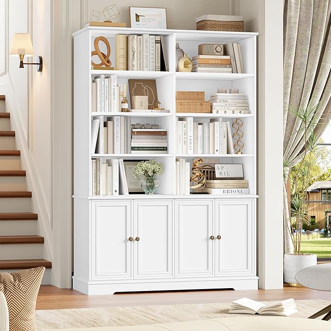 FINETONES 73" White Bookshelf with Doors, 6 Tier Tall Bookshelf Double Wide Bookcases and Bookshelves with Storage, Large Display Cabinets for Home Office,Living Room, Library