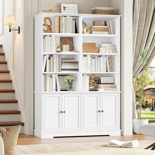 FINETONES 73" White Bookshelf with Doors, 6 Tier Tall Bookshelf Double Wide Bookcases and Bookshelves with Storage, Large Display Cabinets for Home Office,Living Room, Library
