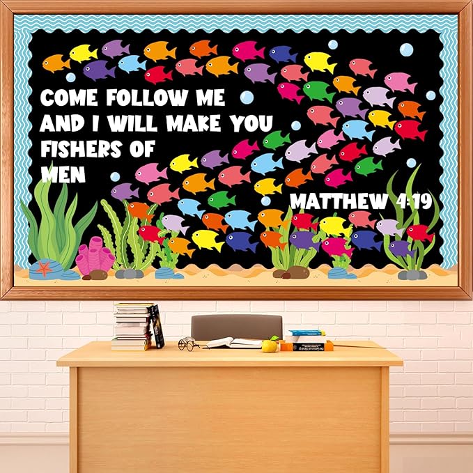 Fishers of Men Bulletin Board Classroom Decorations Christian Religious Bible Bulletin Board Sets Fish Paper Cutouts for Jesus Church Sunday Summer VBS Back to School Teacher Chalkboard Wall Supplies
