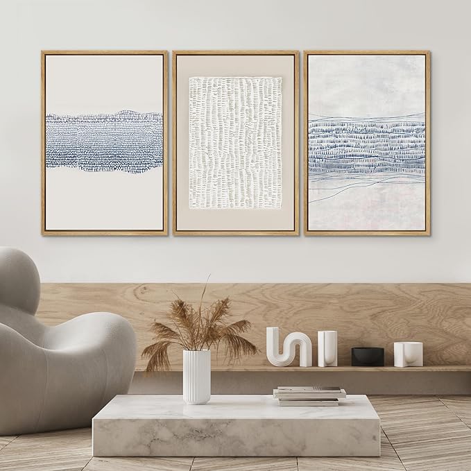 SIGNWIN Framed Canvas Print Wall Art Set Blue White Grunge Geometric Pattern Abstract Shapes Cozy Neutral Decorative Contemporary Minimal for Living Room, Bedroom, Office - 16"x24"x3 Natural