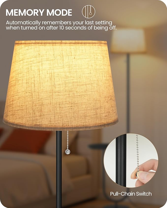 Floor Lamp with Side Table, Standing Lamp for Living Room with Tray, Pull-Chain Switch, for Living Room, Bedroom, 3 Color Temperatures, 9W LED Bulb Included, Black and Beige BE21LD05