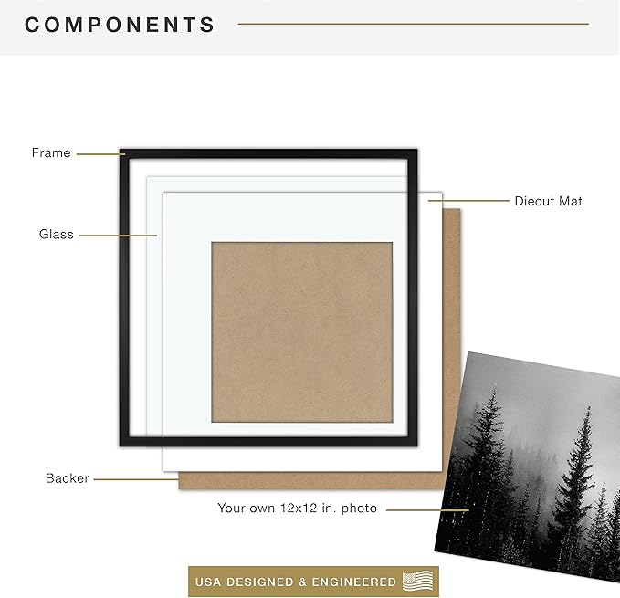 MCS East Village 18x18 Matted Square Picture Frame with 12x12 Photo Display, Black Wall Hanging Frame for Photos & Posters (1-Pack)