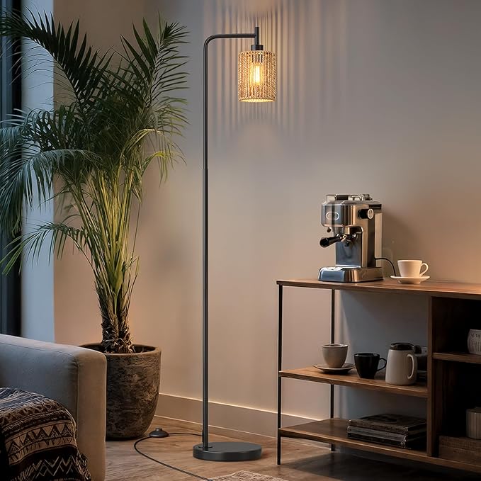 Oneach 66" Black Floor Lamp for Living Room, Boho Floor Lamp with LED Bulb, Rattan Shade, Foot Switch, Industrial Tall Standing Lamp for Bedroom, Dining Room, Study Room, Office