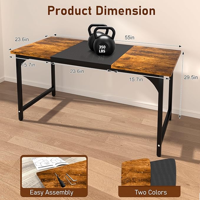 Computer Desk, 55 Inch Home Office Desks, Office Desk for Gaming Writing Study Work, Study Table with Large Legroom, Computer Desk with Metal Frame, Modern Simple Home Office Desk for Bedroom