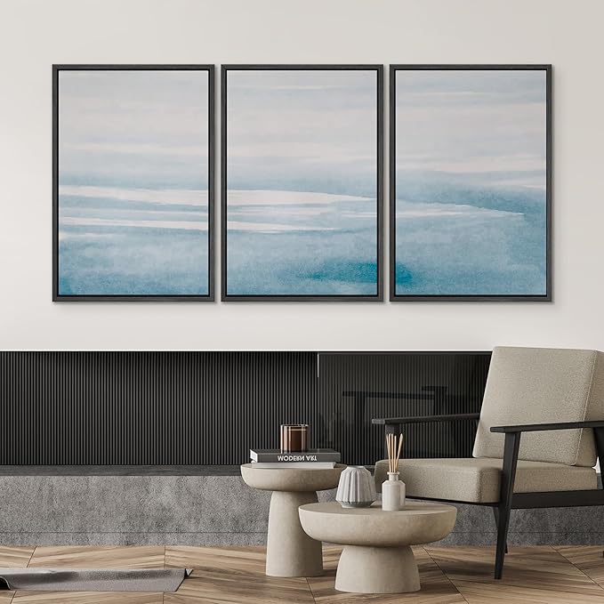 SIGNWIN 3 Piece Framed Canvas Wall Art Blue Sky Watercolor Nature Wilderness Illustrations Abstract Traditional Relax/Calm Home Artwork Decoration for Living Room,Bedroom - 24"x36"x3 Black