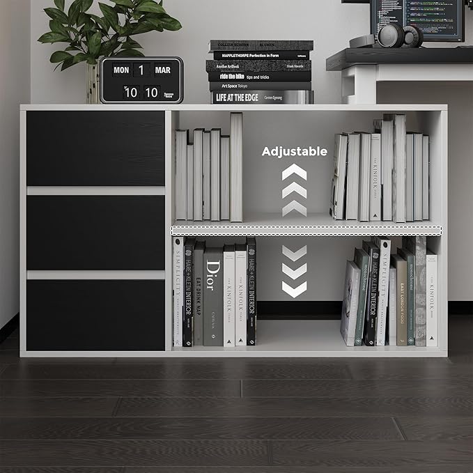 L Shape Small Desk - Computer Corner Desk with 3 Drawers and 2 Shelves, 53 inch Home Office Table with Storage Cabinet for Gaming Writing Study, White+Black