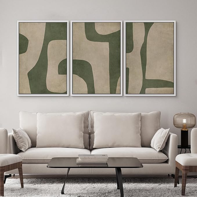 SIGNWIN Framed Canvas Print Wall Art Set Abstract Geometric Green and Beige Tones Illustrations Modern Art Decorative Boho Relax/Zen Nordic for Living Room, Bedroom, Office - 16"x24"x3 White