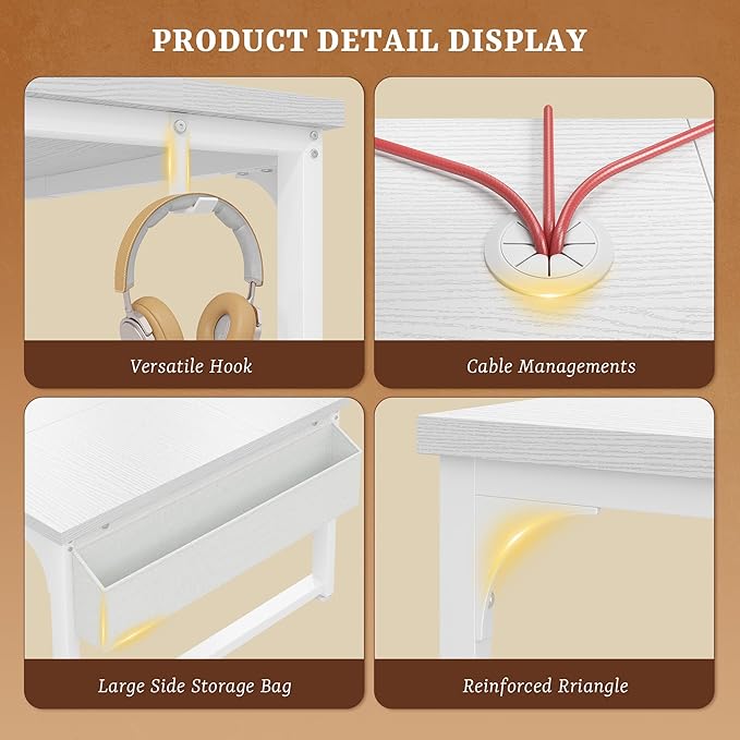 Computer Desk with Monitor Stand & 24mm Thicker Desktop,Gaming Desk with Power Outlets & LED Light,White Writing Desk for Home Office, Study, Bedroom, White