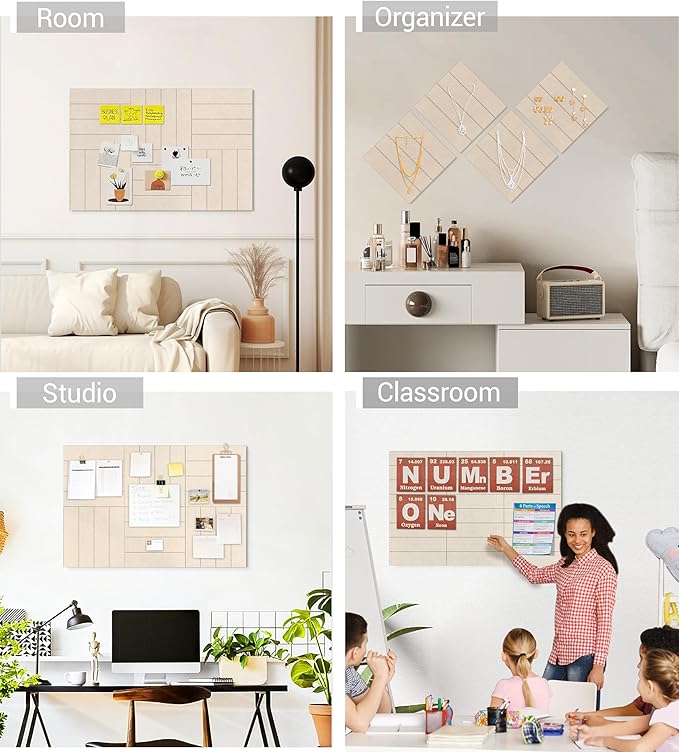 1/2" Thick Cork Board for Office, 6 Pack Felt Wall Tiles -28"x18" with Safe Adhesive Tabs, Large Bulletin Board, Push Pin Board Organizer Wall - Beige