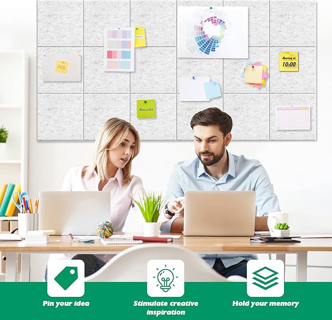 Large Cork Board Alternative - 11.8"x11.8"x0.35" 12 Pack Felt Wall Tiles Self-Adhesive Safe Removable Large Corkboard Bulletin Board Felt Cork Board for Walls Cork Board for Office 48 x 36-White Grey