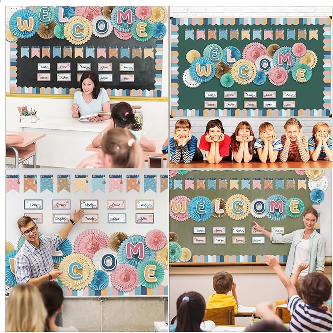 Qilery Welcome Bulletin Board Sets Welcome Back Classroom Decorations Bulletin Board Nameplate Cutout Paper Fans Banner for Back to School Chalkboard Wall Decor(Macaron)