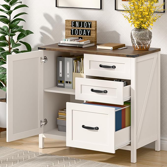 Farmhouse Lateral Filing Cabinet, Lateral File Cabinet with 3 Drawers and Storage Cabinet, Wooden Printer Stand with File Drawer for Letter/A4 Size Hanging File for Home Office, Rustic White