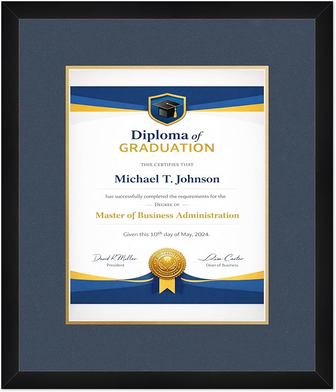 Diploma Frame Matte Black with Navy Blue Over Gold Double Mat - Fits 11 x 14 College Diploma (Portrait) Wall Display Made in the USA