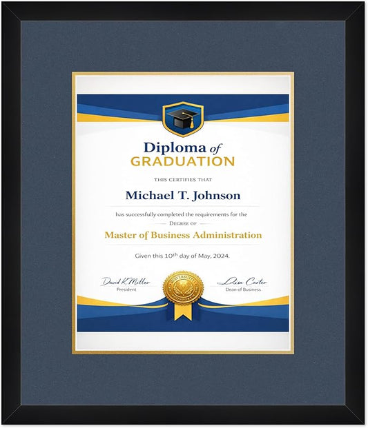 Diploma Frame Matte Black with Navy Blue Over Gold Double Mat - Fits 11 x 14 College Diploma (Portrait) Wall Display Made in the USA