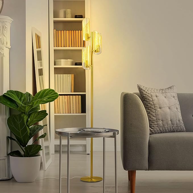 Brightech Lyra LED Tree Floor Lamp for Mid-Century Modern, Contemporary, Industrial Décor, 3 Light Head Standing Lamp with Metal Cage Shade, Standing Pole Tall Lamp for Living Room, Bedroom - Brass
