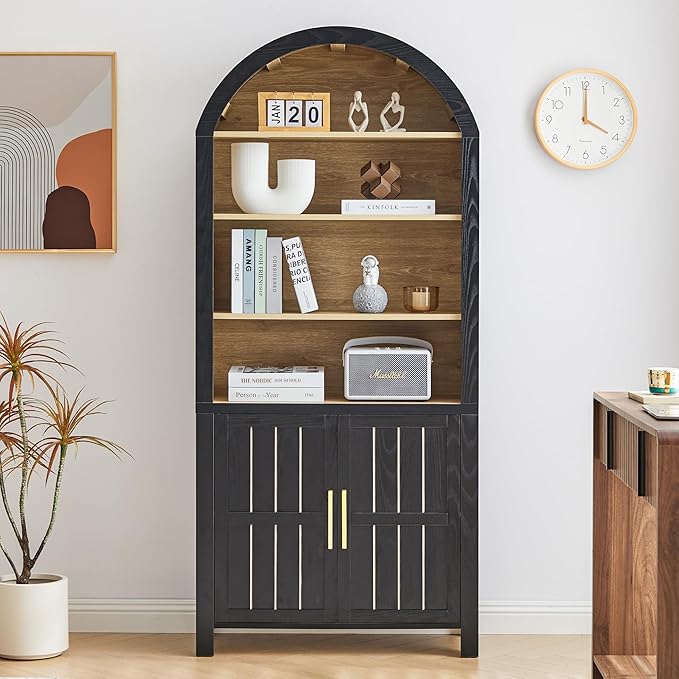 71" Tall Arched Bookcase, Arch Bookshelf with Doors , Modern Farmhouse Book Shelf Storage Cabinet with Adjustable Shelves, Wood Bookshelf w/Open Display for Living Room, Office Decor (Black/Natural)