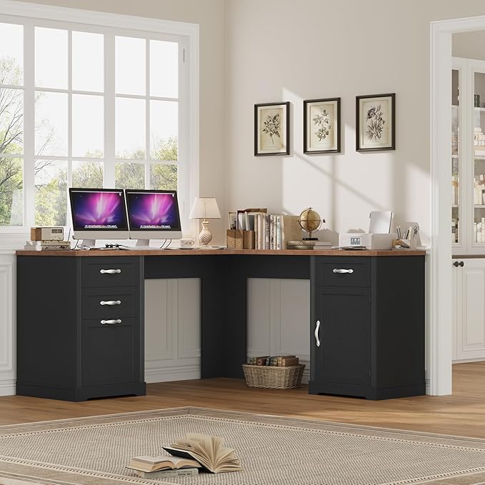 HIFIT Farmhouse Executive L Shaped Desk with Power Outlets, 60" Corner Computer Desk with 3 Storage Drawers & 2 File Cabinets, L Shaped Home Office Desk for Study,Black