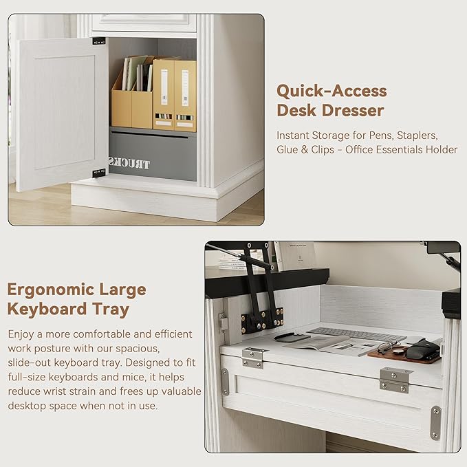 Farmhouse 57" Lift Up Executive Desk with 5 Drawers and Charging Station, Wood Home Office Computer Desk with File Cabinet Storage, Keyboard Tray,Headphone Hook for Work,Study (White+Black)