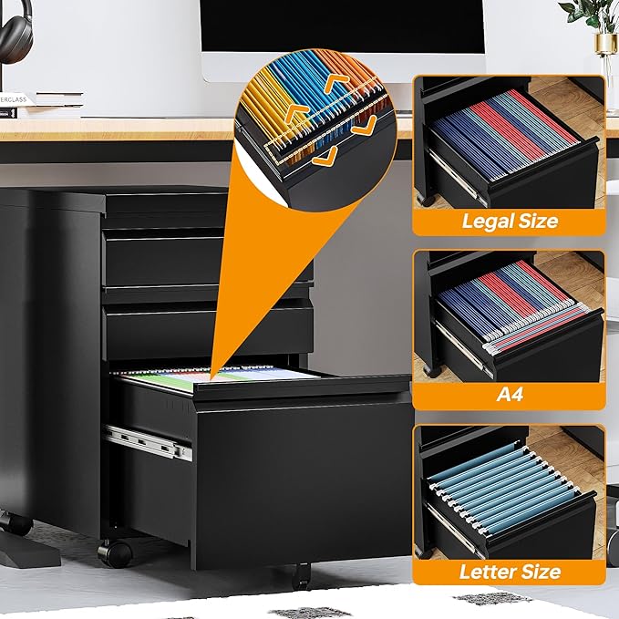 STANI 25" H 3 Drawer Mobile File Cabinet with Lock, Under Desk Metal Filing Cabinet, Locking Office Mobile Cabinet with Wheels, Letters/Legal/A4(Assembly Required Black)