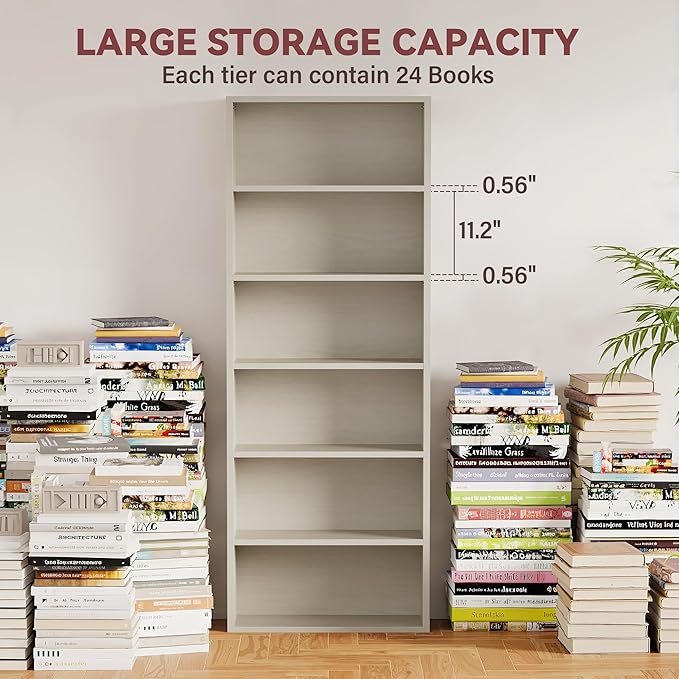 YESHOMY Industrial 6 Tier Bookcase, 71" Tall Beige Bookshelves Open Frame, Basic Floor Standing Bookcases & Bookshelf for Home Office, Living Room, Bed Room