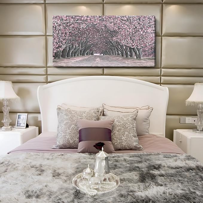 Nicetop Large Pink Wall Art – Floral Tree Artwork Romantic Cherry Blossom Landscape Canvas Art Print Dreamy Sakura Flower Pathway Forest Tunnel Nature Picture for Living Room Bedroom Girls Room 48x24 Inch