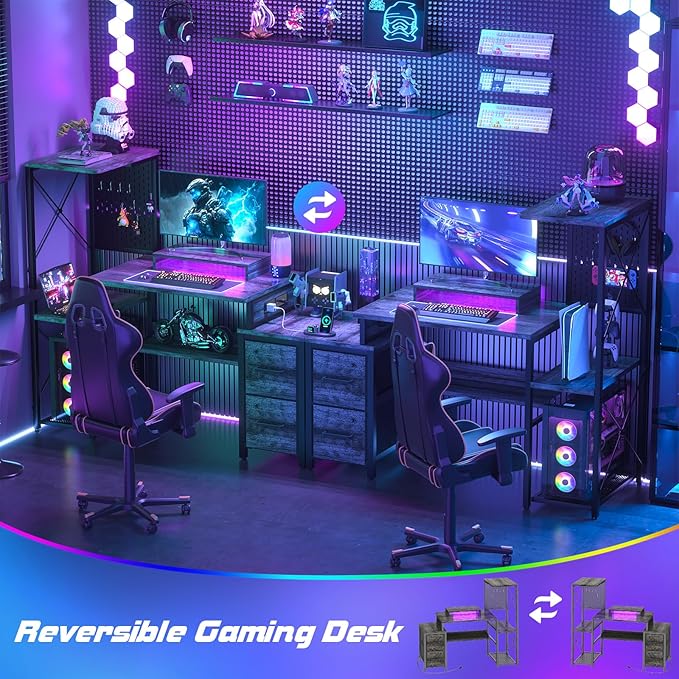 Small Gaming Desk with 2 Fabric Drawers - Reversible Computer Desk with Power Outlet & LED Lights, 49" Office Desk with Monitor Stand & Storage Shelves, Writing Study Table with Pegboard, Grey Oak