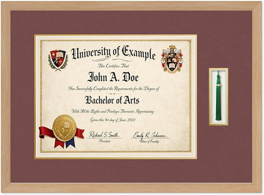 CountryArtHouse Diploma and Tassel Frame Fits 17 x 13 International Diploma with Tassel Hook Natural Wood Genuine Hardwood Shadowbox with Dark Red Over Metallic Gold Double mat