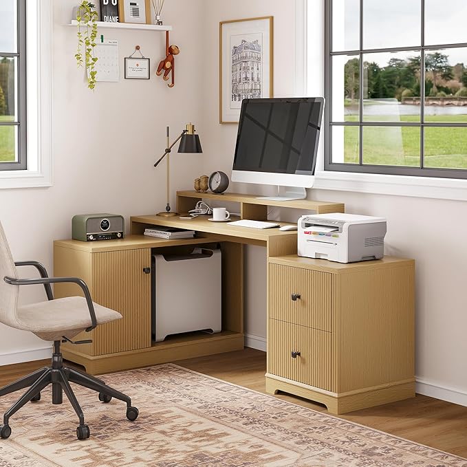 67" L Shaped Executive Desk with Drawers & Storage Shelf, Corner Computer Desk with Power Outlets, Home Office Desk with Monitor Stand, Printer Shelf, Computer Writing Desk for Work, Oak