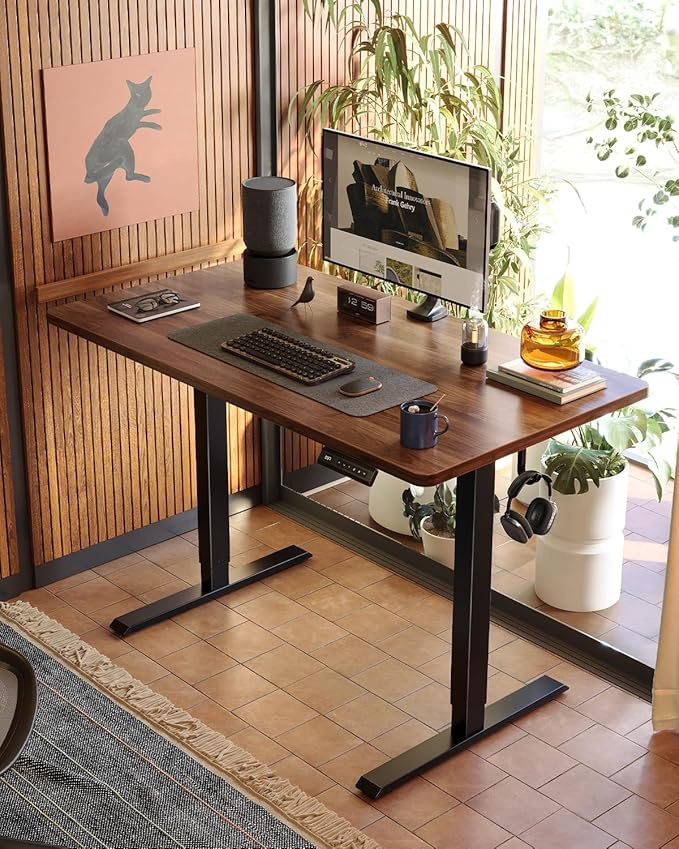 CubiCubi 40 x 24 Small One-Piece Standing Desk, Adjustable Height Electric Computer Home Office Sit Stand up Workstation, with 4 Memory Presets, Headphone Hook, Black Walnut