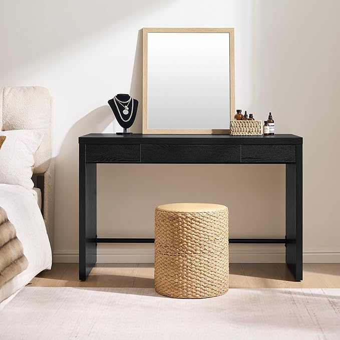 SICOTAS Computer Desk Writing Table - 47-Inch Wooden Study Desk for Bedroom, Farmhouse Home Office Desk with Drawer, Boho Makeup Vanity Table for Dormitory (Black Oak, 1 Piece)